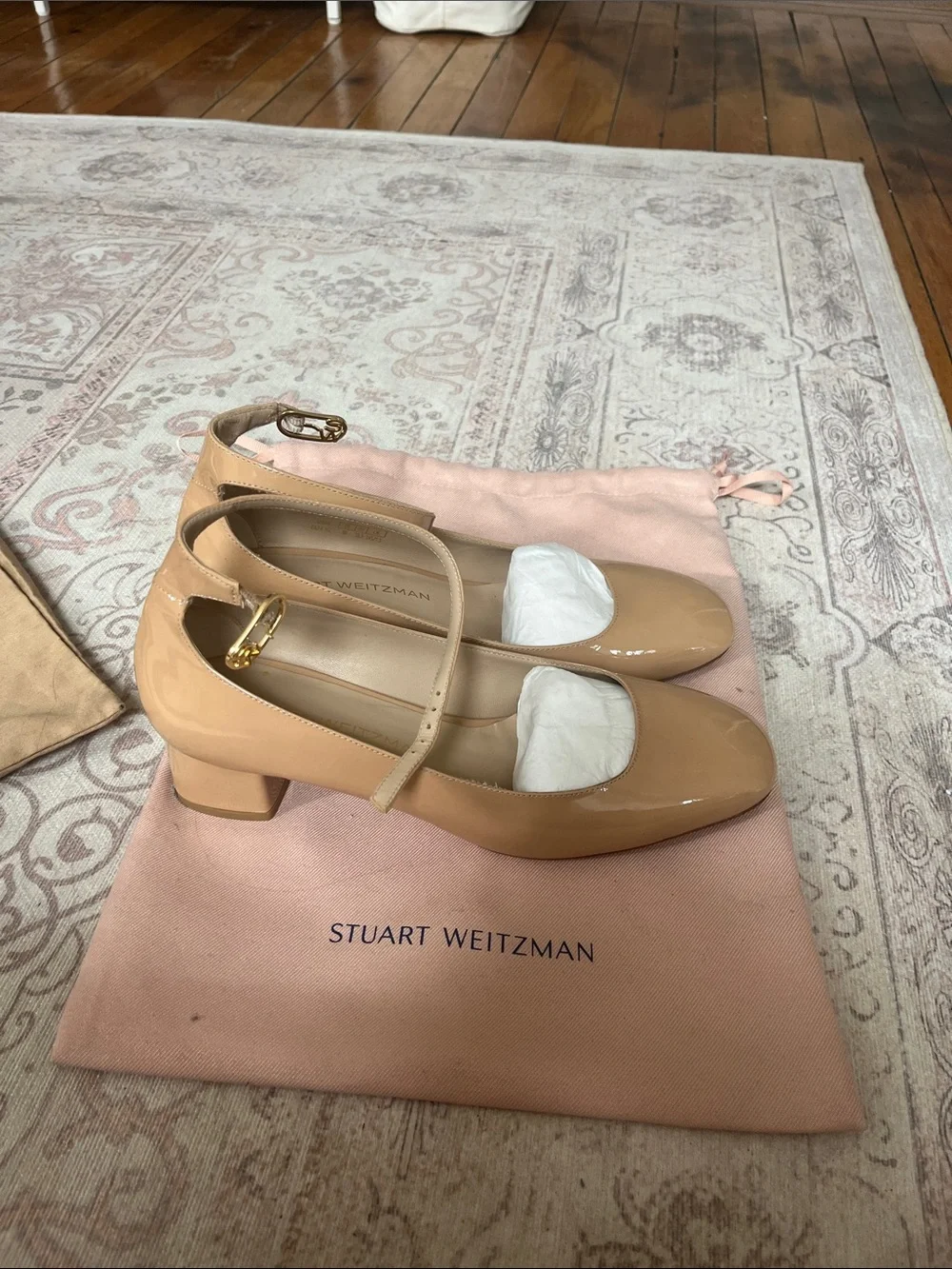 Stuart Weitzman Patent Leather Mary Jane Heels in Tan